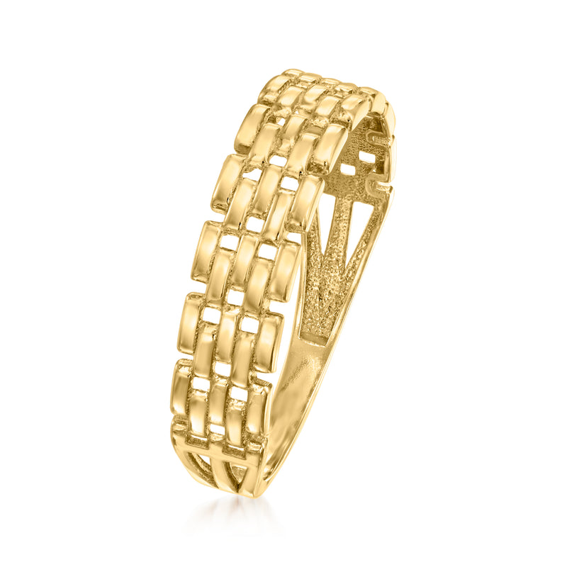 Yellow gold panther-link ring side view, textured woven link band