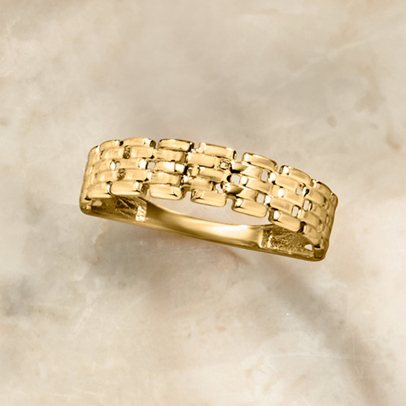 Yellow gold panther-link ring angled view, chunky woven link band