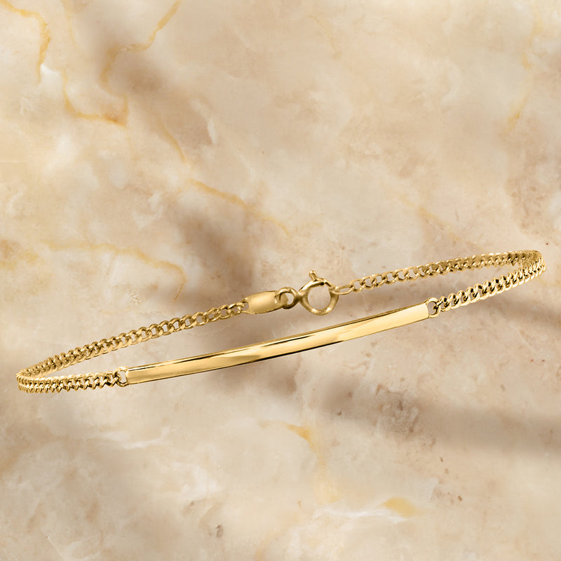 10kt yellow gold curb-link bar bracelet, flat bar link with round-ring clasp