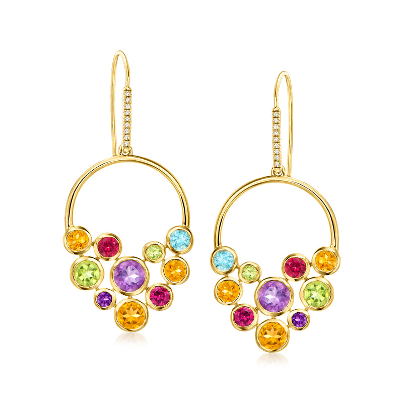Gold-tone drop earrings with circular frame and multicolor gemstone accents