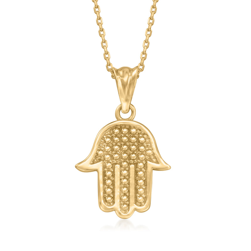 10kt yellow gold hamsa hand pendant necklace with engraved details and curb chain