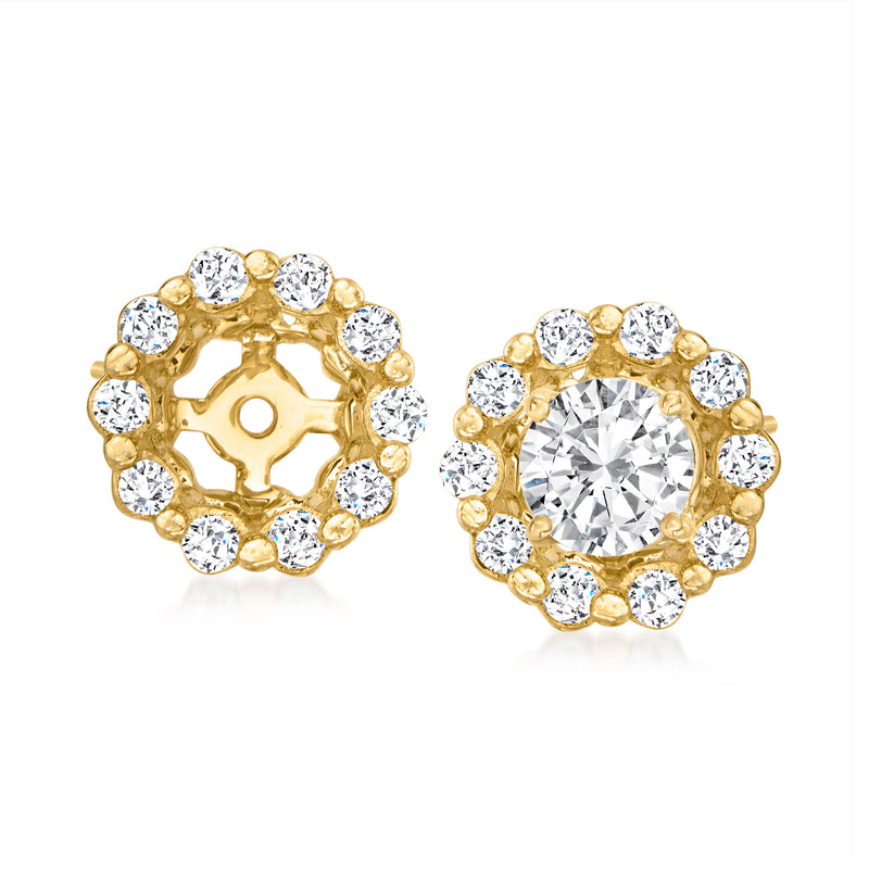 14kt yellow gold diamond earring jacket, round halo with clear stones, clip-on style