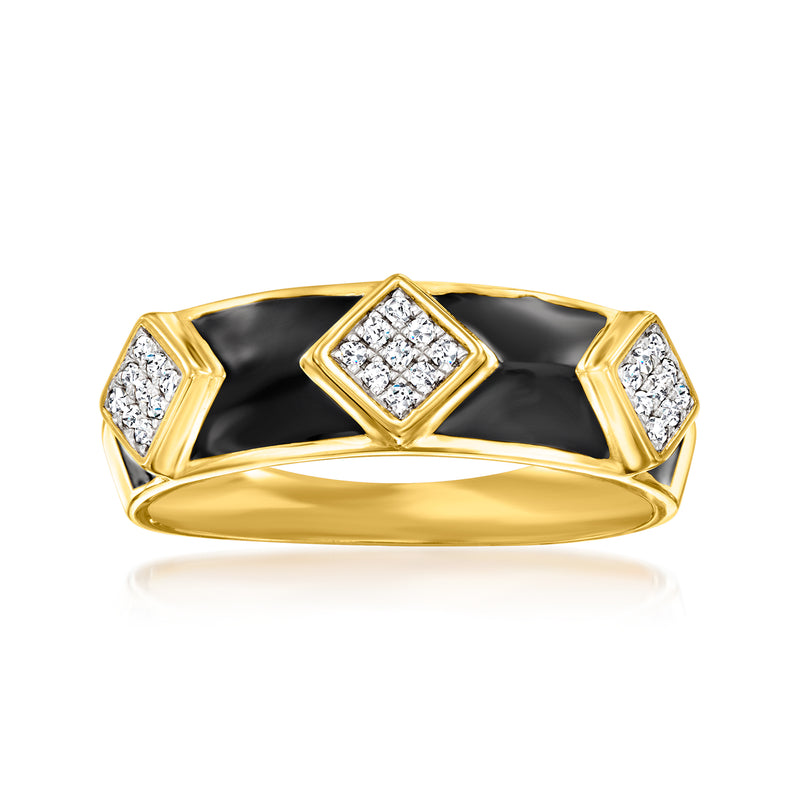 Gold-tone geometric ring with black enamel insets and square diamond accents
