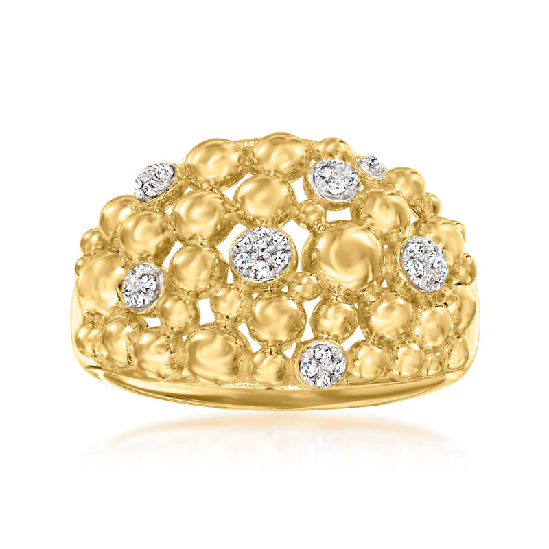 18kt gold dome ring with raised textured setting and round clear diamond stones