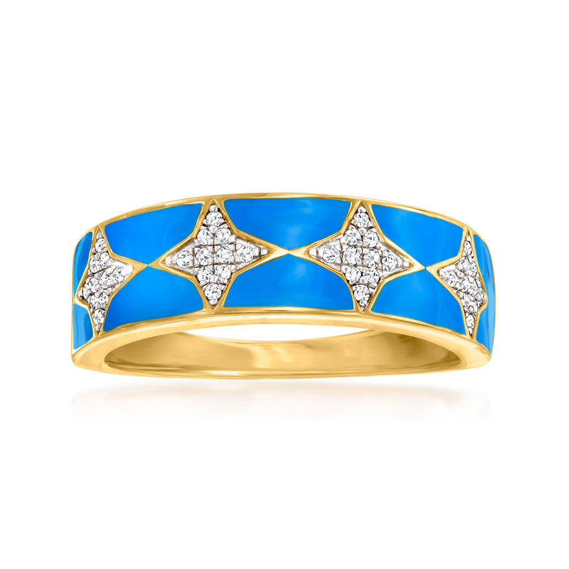 Gold over sterling ring with blue enamel inlay and diamond accents, wide band