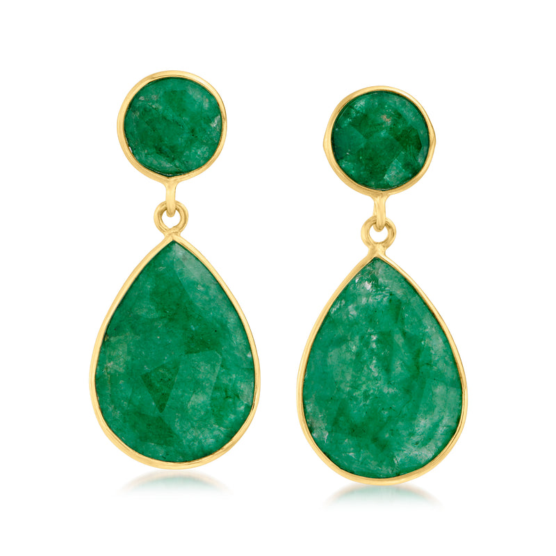 Gold drop earrings with emerald-green teardrop stones