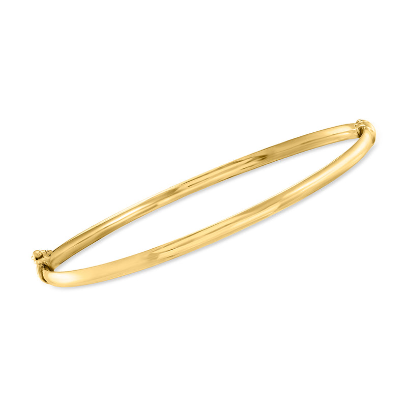 Polished 14kt yellow gold bangle bracelet with hinged clasp and smooth oval profile