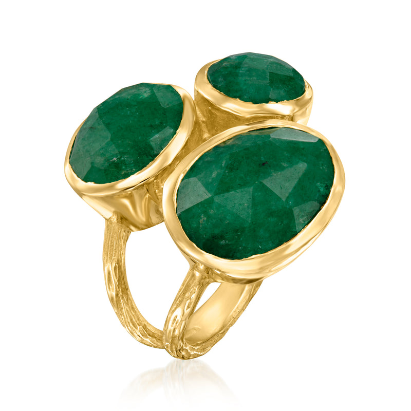 Three-stone emerald ring, three oval green gemstones in polished gold bezels
