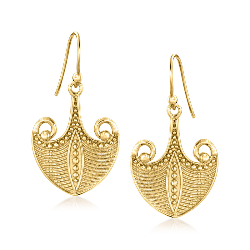 Gold over sterling arrow drop earrings with textured fan and dotted center on hooks