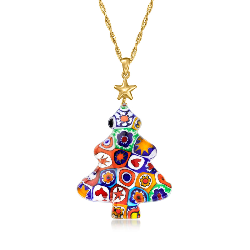 Gold-tone necklace with multicolored Murano glass Christmas tree pendant and star top