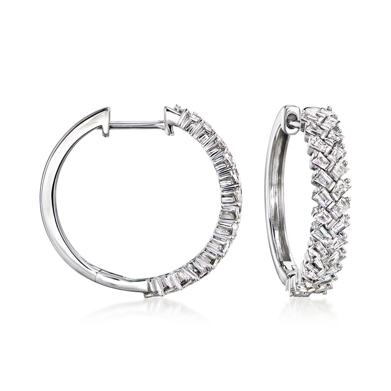 White gold hoop earrings with baguette diamond chevron front