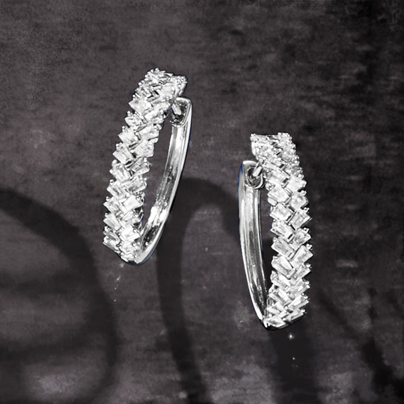 White gold baguette diamond chevron hoop earrings