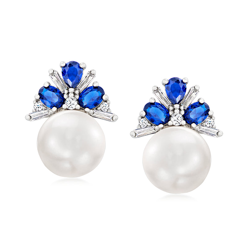 Sterling silver stud earrings with white button pearl and sapphire-blue cluster stones