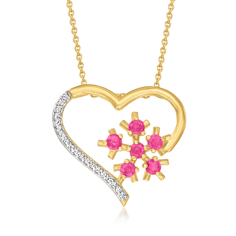 18kt gold over sterling heart pendant necklace with ruby and white zircon snowflake accents