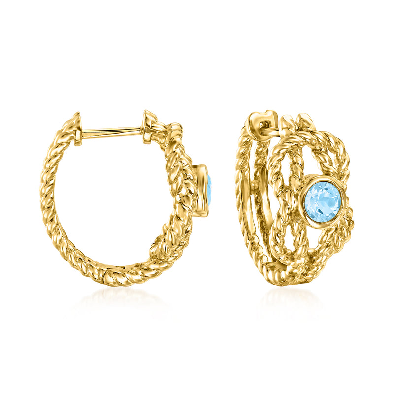 18kt gold over sterling rope hoop earrings with Swiss blue topaz accent