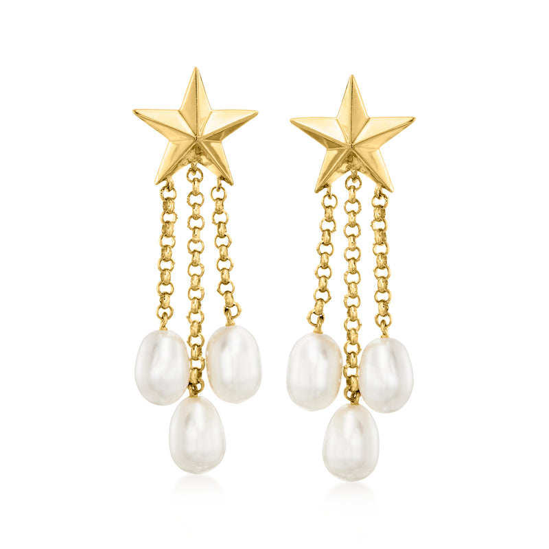 Gold star drop earrings with cascading chain and four white cultured pearl drops