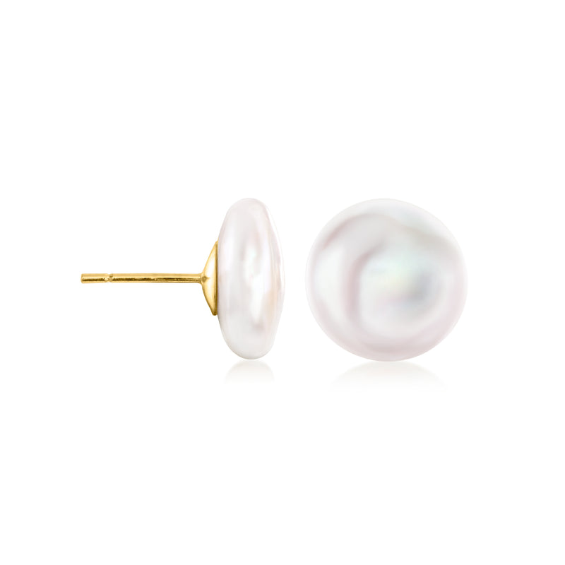 Coin pearl stud earrings with 14kt yellow gold posts, glossy white pearls