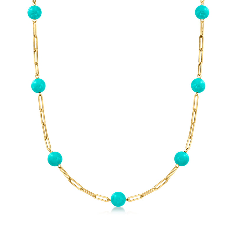 Gold over sterling paperclip link necklace with turquoise round bead stations