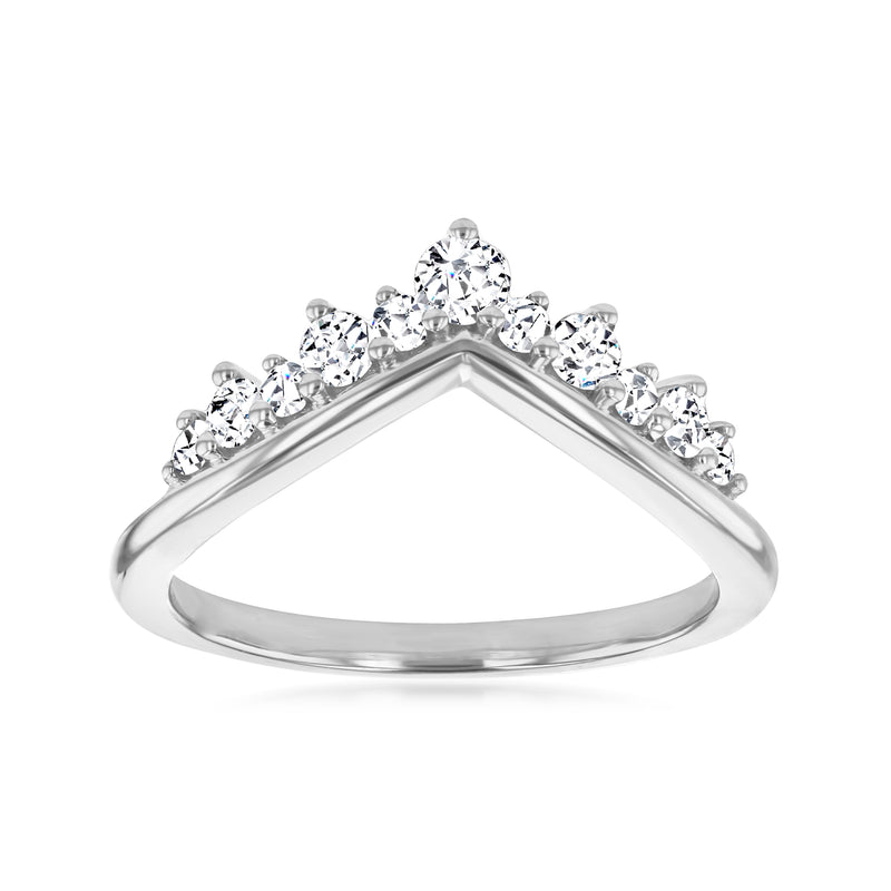 14kt white gold tiara-style ring with round diamonds in a V-shaped cluster