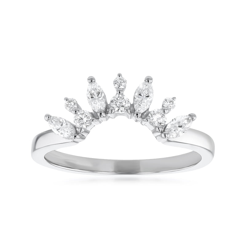 14kt white gold tiara diamond ring with pear-shaped center stones and round accents
