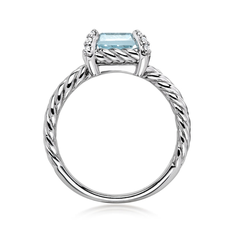Sterling silver open circle topaz ring with sky-blue emerald-cut center