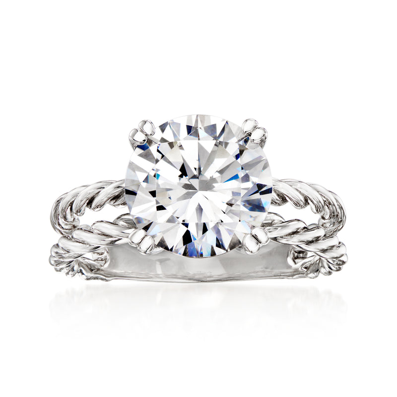 Sterling silver split-shank ring with large round CZ center and braided side bands.