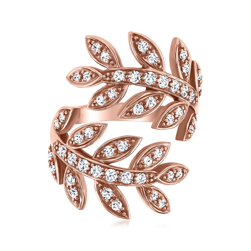 14kt rose gold leaf bypass diamond ring with leaf-shaped settings and round stones