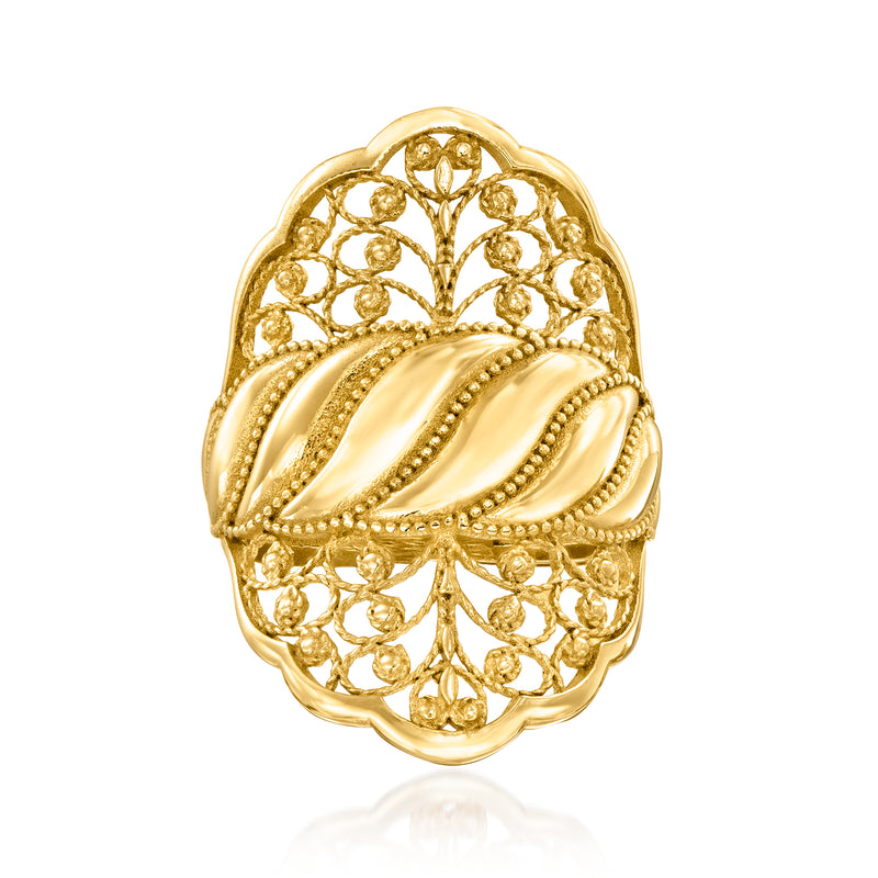 Gold over sterling filigree shrimp ring with oval scalloped top and textured scrolls