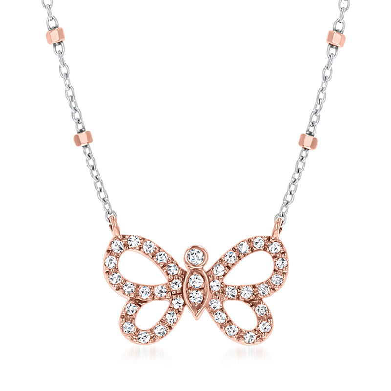 Two-tone gold diamond butterfly station necklace with sparkling round stones