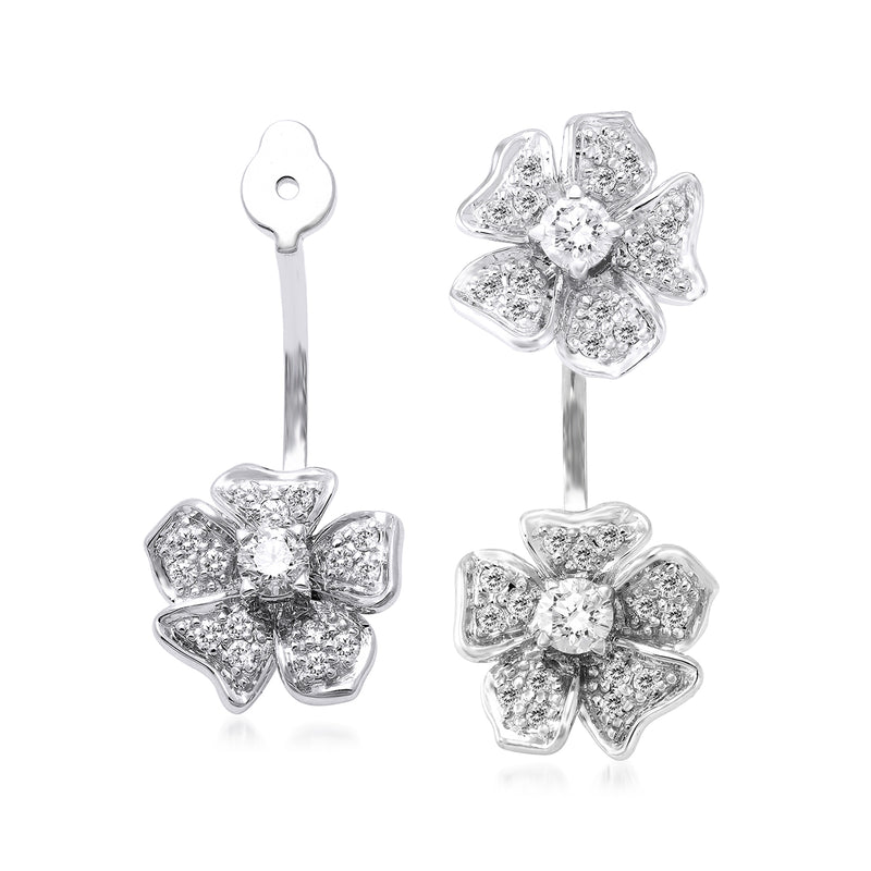 14kt white gold diamond flower stud earrings with post backs, removable jackets
