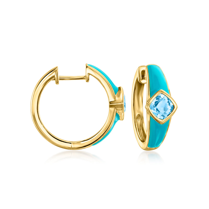 18kt gold hoop earrings with blue enamel and blue gemstone accent