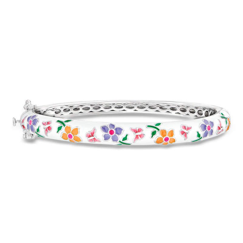 Sterling silver enamel flower bangle bracelet with multicolor floral inlays