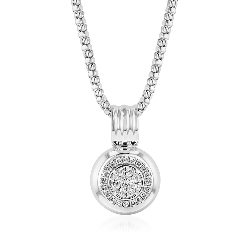 14kt white gold round diamond cluster pendant on chain