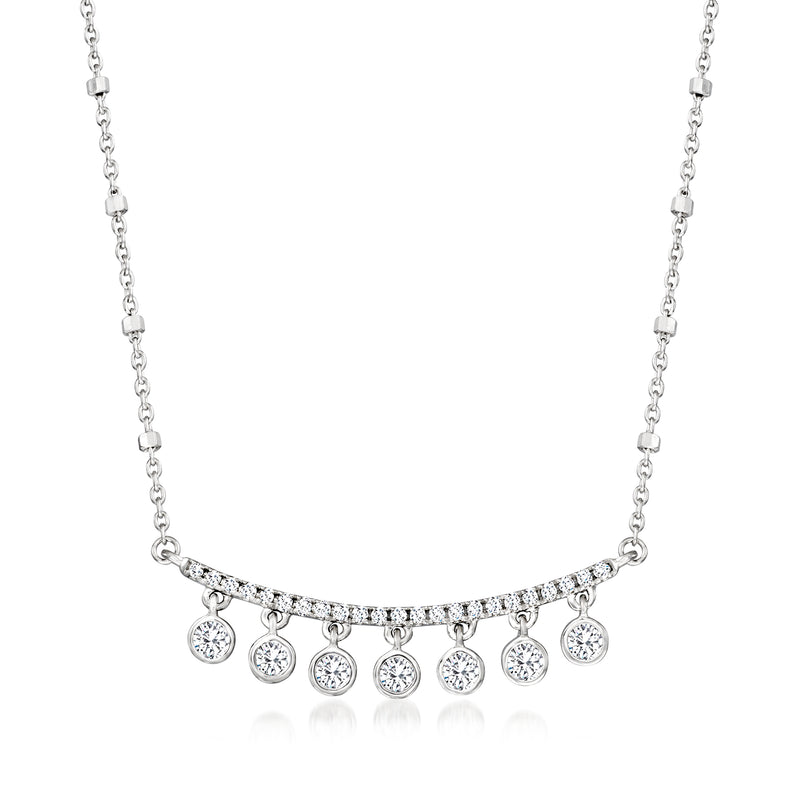 14kt white gold bar station link necklace with bezel-set round diamonds and dangling charms