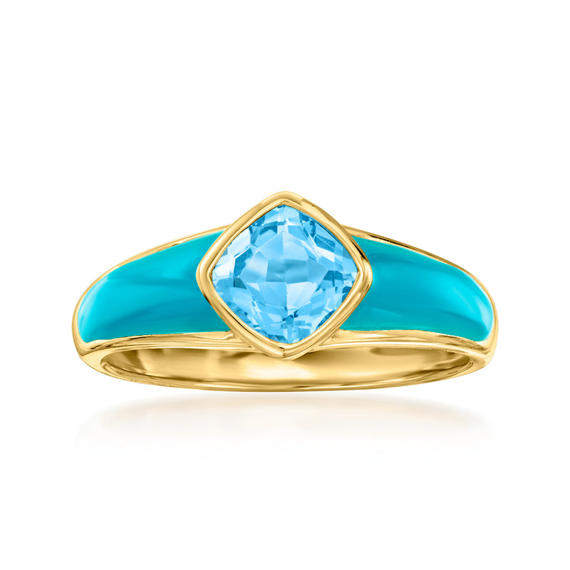 Gold over sterling ring with blue enamel band and square blue gemstone center