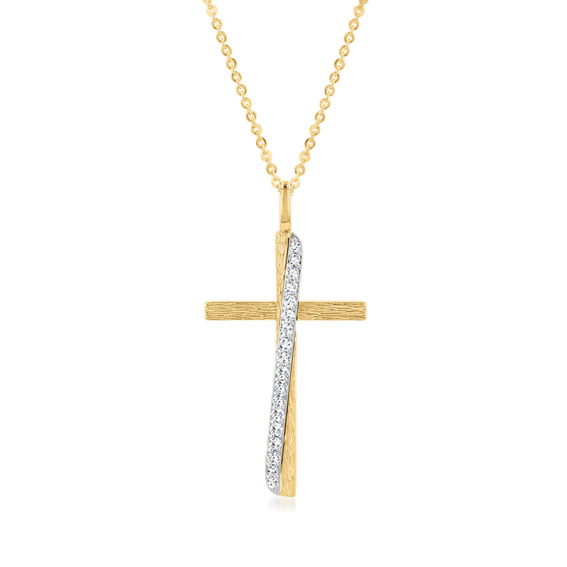 Two-tone gold diamond cross pendant necklace with textured cross and pavé front