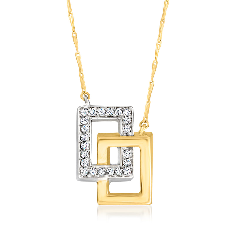 14kt two-tone gold interlocking rectangle diamond necklace pendant, square frames