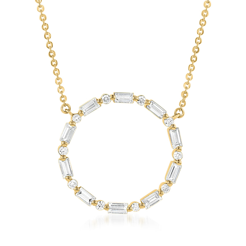 14kt yellow gold diamond eternity circle necklace with baguette and round stones