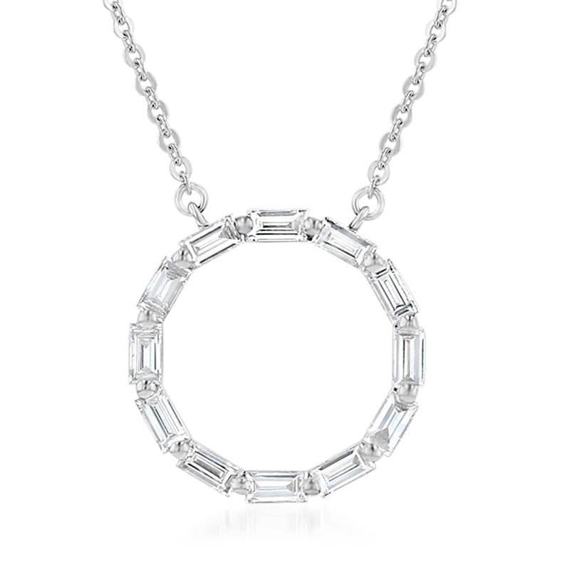 14kt white gold diamond eternity circle necklace with baguette-cut ring and chain