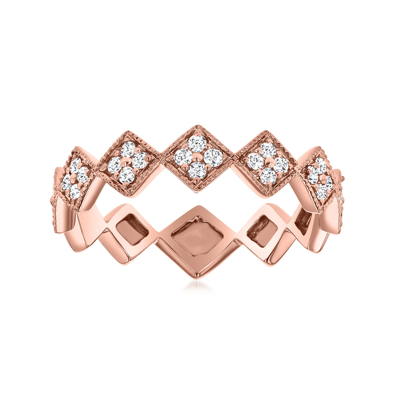 Rose gold chevron station ring with round diamond clusters