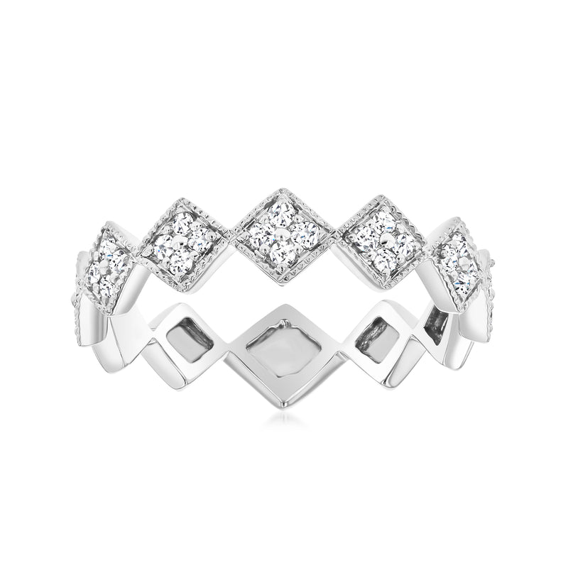 14kt white gold diamond chevron station ring with five square bezel-set stones