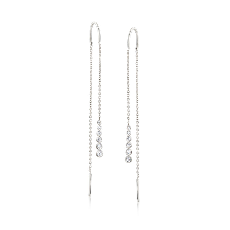 Sterling silver diamond threader drop earrings with bezel-set round stones
