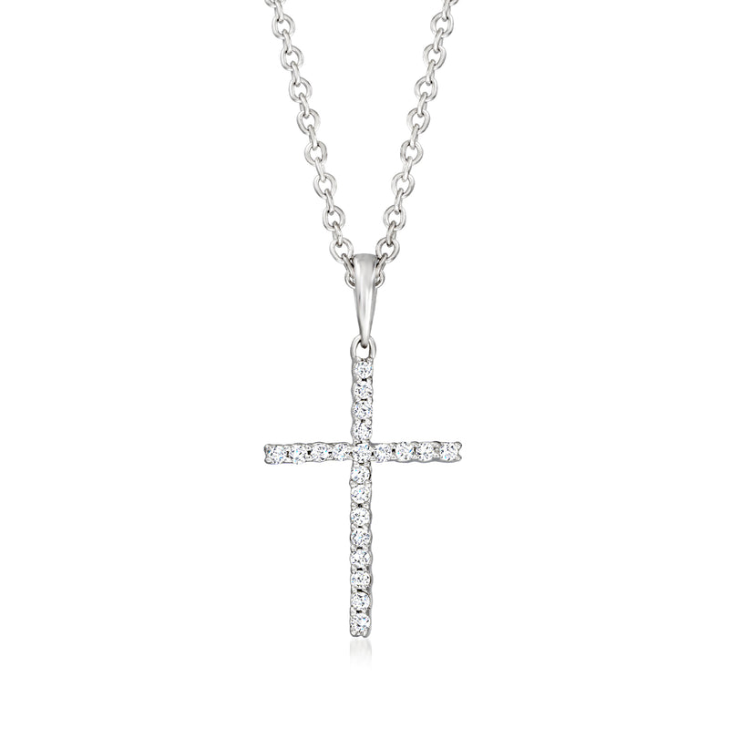Sterling silver cross pendant necklace with diamond-like pave, on a chain.
