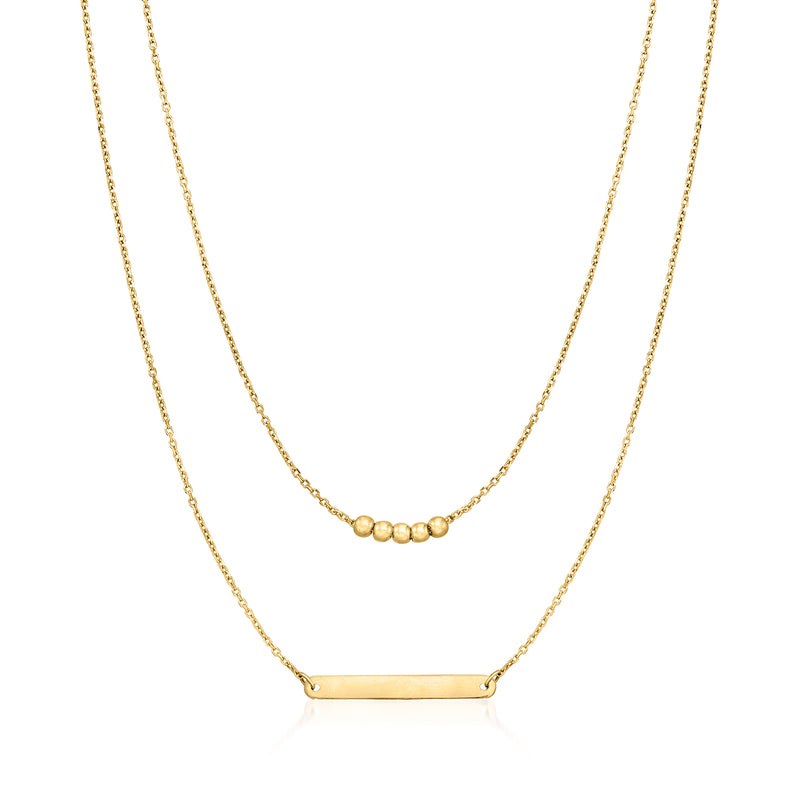 14kt yellow gold two-strand necklace with bead cluster and slim bar pendant