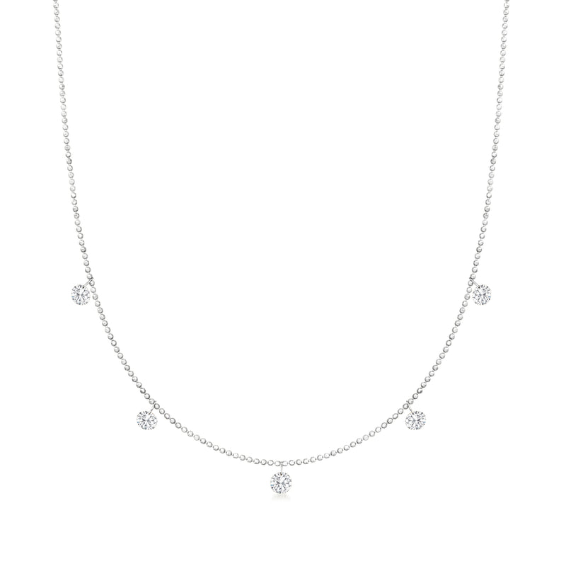 18kt white gold diamond dangle station necklace with round diamond stations