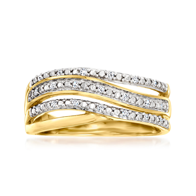 10kt yellow gold diamond wave ring with three rows