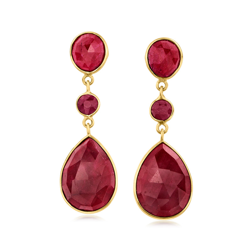 18kt gold over sterling drop earrings with three ruby-red gemstone tiers, teardrop and round.