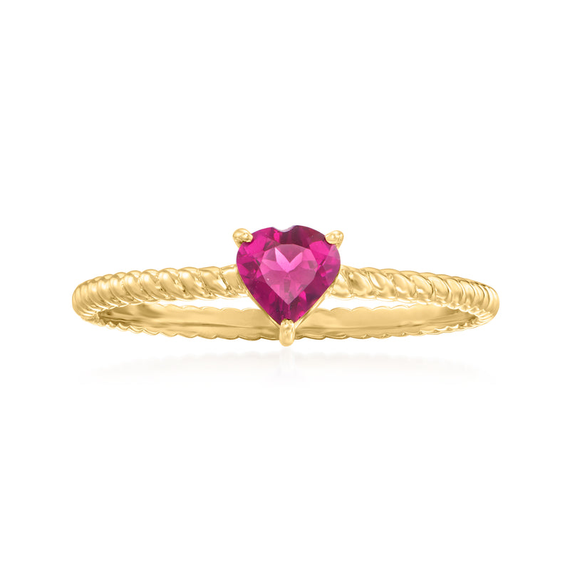 14kt yellow gold heart ring with prong-set magenta rhodolite garnet center