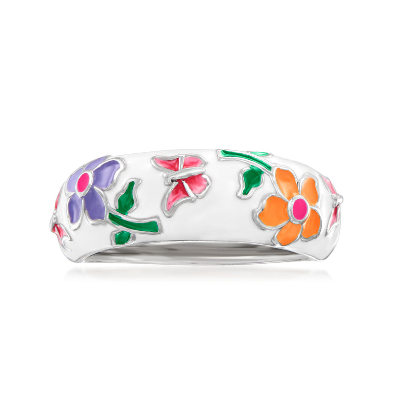 Sterling silver enamel flower ring with multicolored petals and green leaves