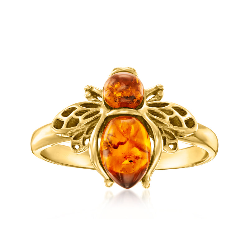 Gold over sterling bee ring with oval amber cabochon stones and detailed filigree